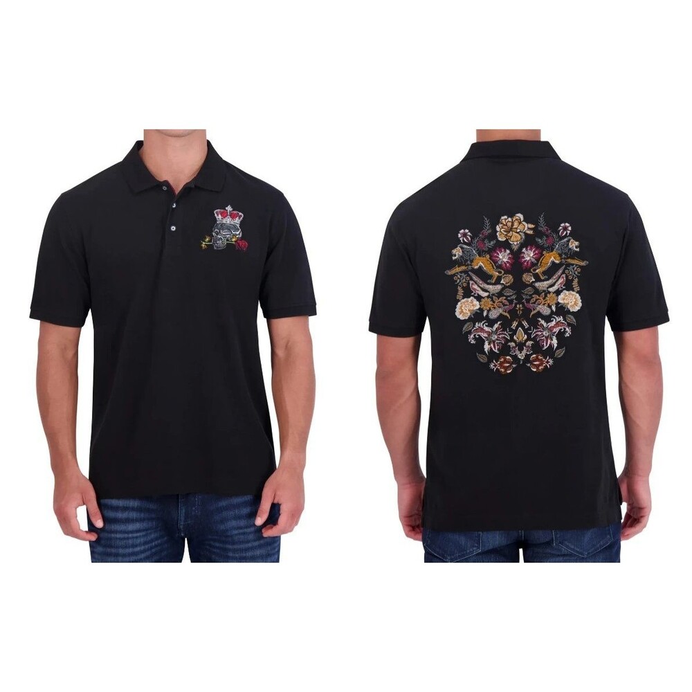 ROBERT GRAHAM Polo Shirt Mens XXL Black Cotton Skull Lion Floral AREZZO $198